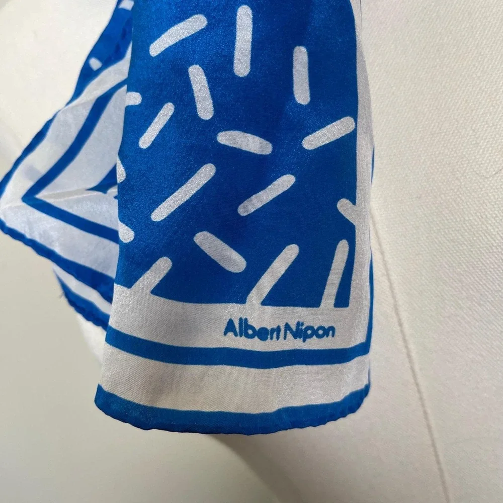 Vintage Albert Nipon Silk Scarf Women Blue White Geometric Dotted Print 80s
